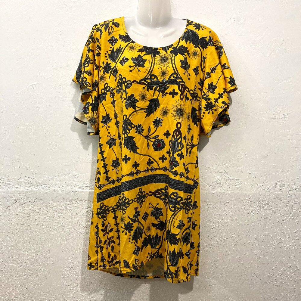 Lanca Perfume Gold Washed Denim Mini Dress Floral Flutter sleeves Fairy Yellow M